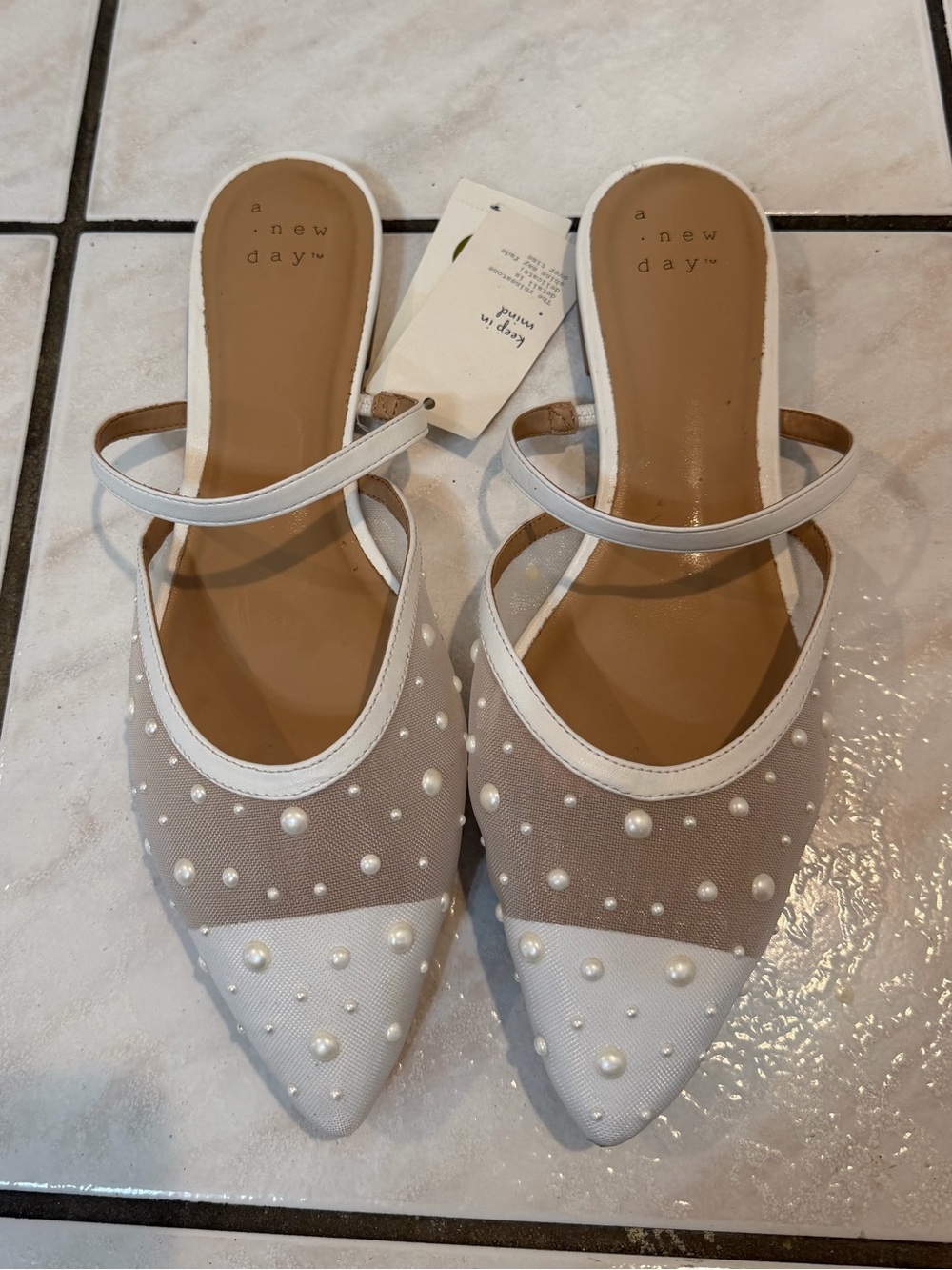 NWT Pearl-Embellished Pointed Mesh Mule